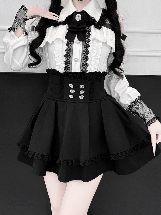 Ruffle Blouse Trim White Kei Black Rhinestone Shoulder Lace Cutout Jirai Bow Long-Sleeve with