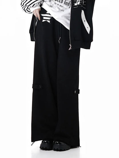Pants Black Star Design Straight-Leg Stripe Applique with Drawstring
