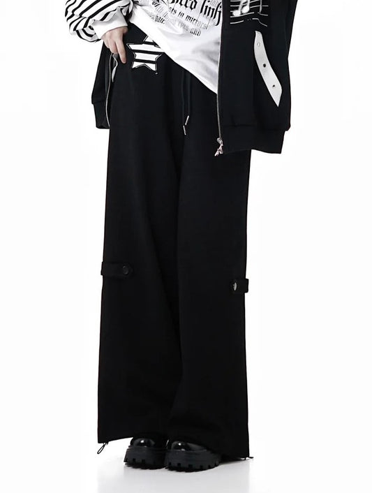 Pants Black Star Design Straight-Leg Stripe Applique with Drawstring