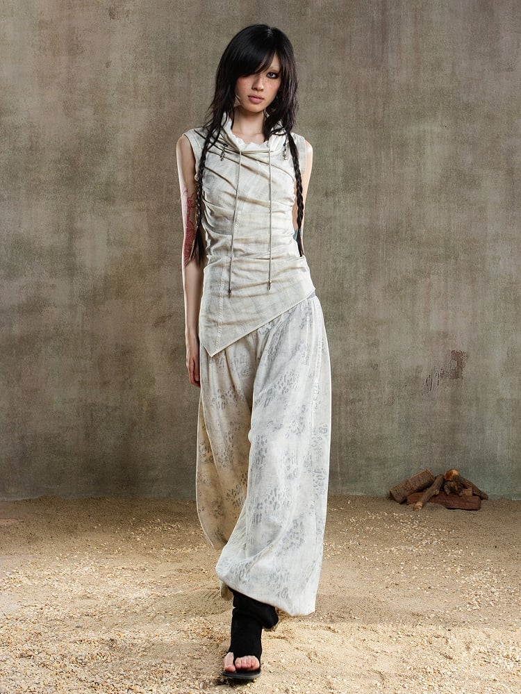 Vest Neckline Punk Apricot Multi-Wear with Zipper Drawstring Collar Asymmetrical