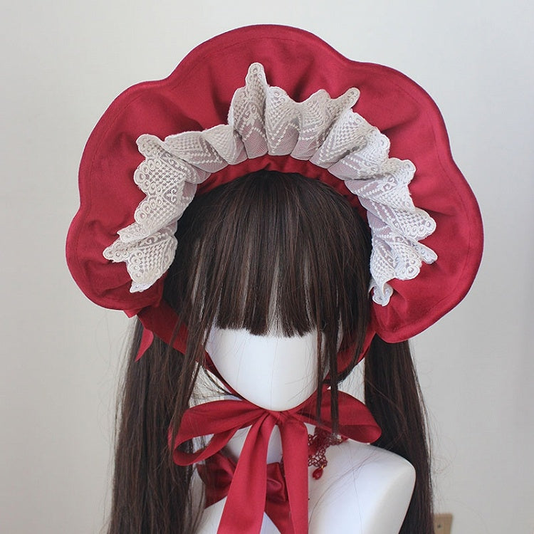 Red Velvet Lace Trim Bonnet With Bowknot Hairclips