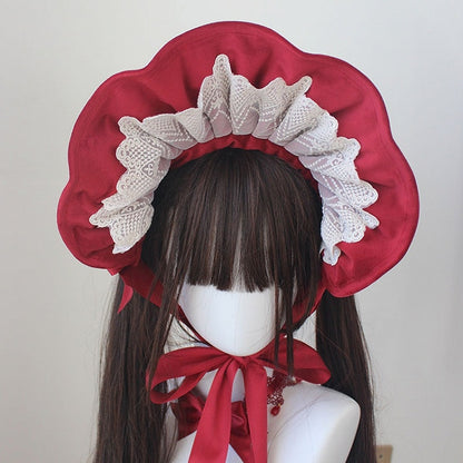 Red Velvet Lace Trim Bonnet With Bowknot Hairclips