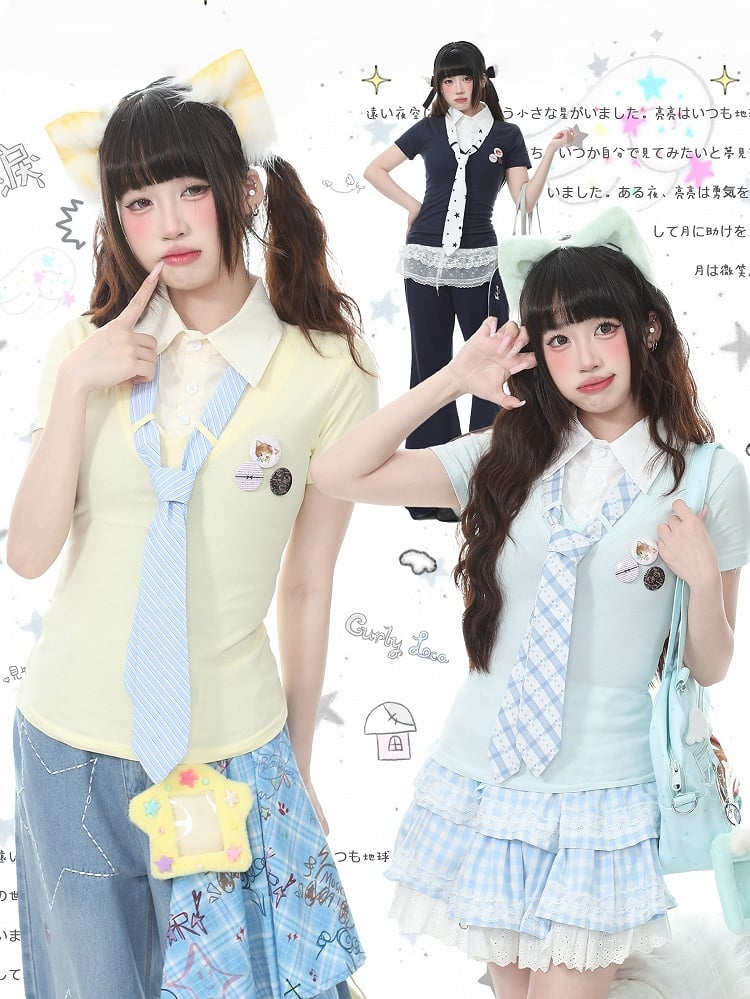 Preppy Fake Two-Piece Turn-Down Collar Short Sleeve Top in Apricot with Stripe Tie and Badges - Languid Park