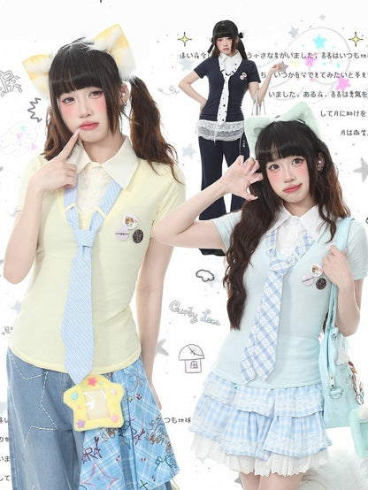 Preppy Fake Two-Piece Turn-Down Collar Short Sleeve Top in Apricot with Stripe Tie and Badges - Languid Park