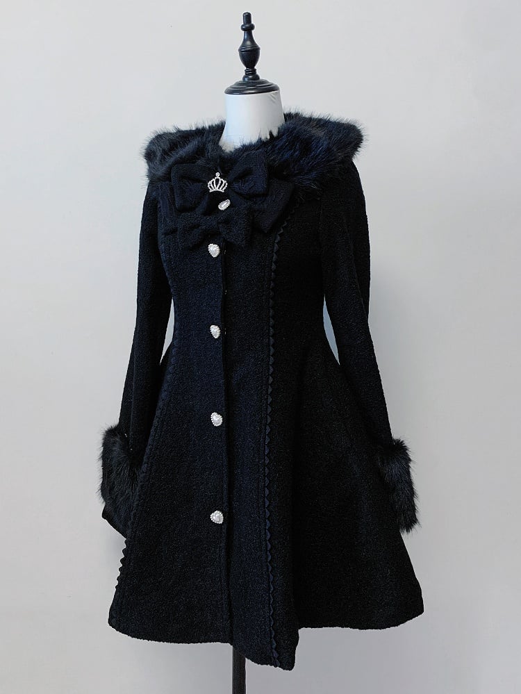 Cuffs Collar with Long Bow-Detailed Coat Kei Jirai Black Waist-Cinching Furry