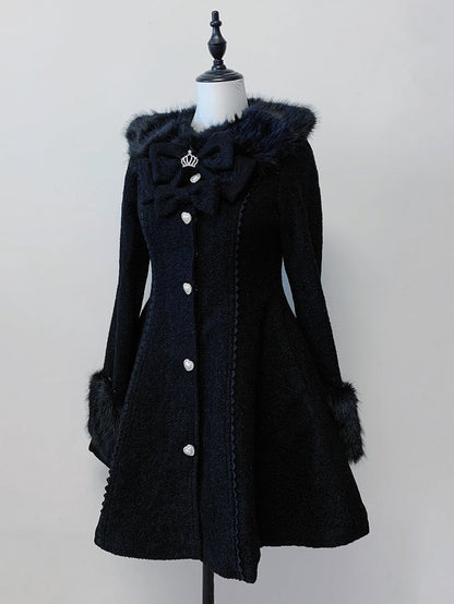 Cuffs Collar with Long Bow-Detailed Coat Kei Jirai Black Waist-Cinching Furry