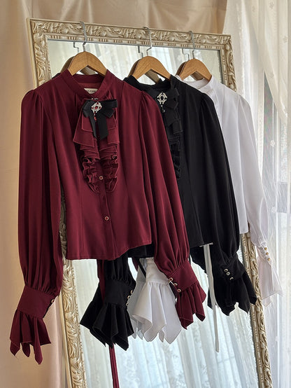 Jabot Tie and Ruffled Red Blouse Placket Long-sleeved Lolita with