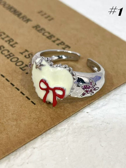 Y2K Red Bow Ring/Beaded Necklace