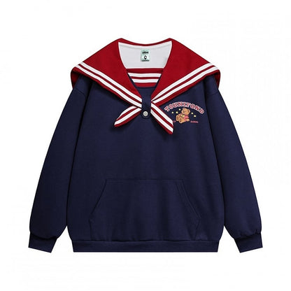 Hellgelb/Weiß/Marineblauer süßer Bären-Plüsch-Kapuzenpullover mit Matrosenkragen