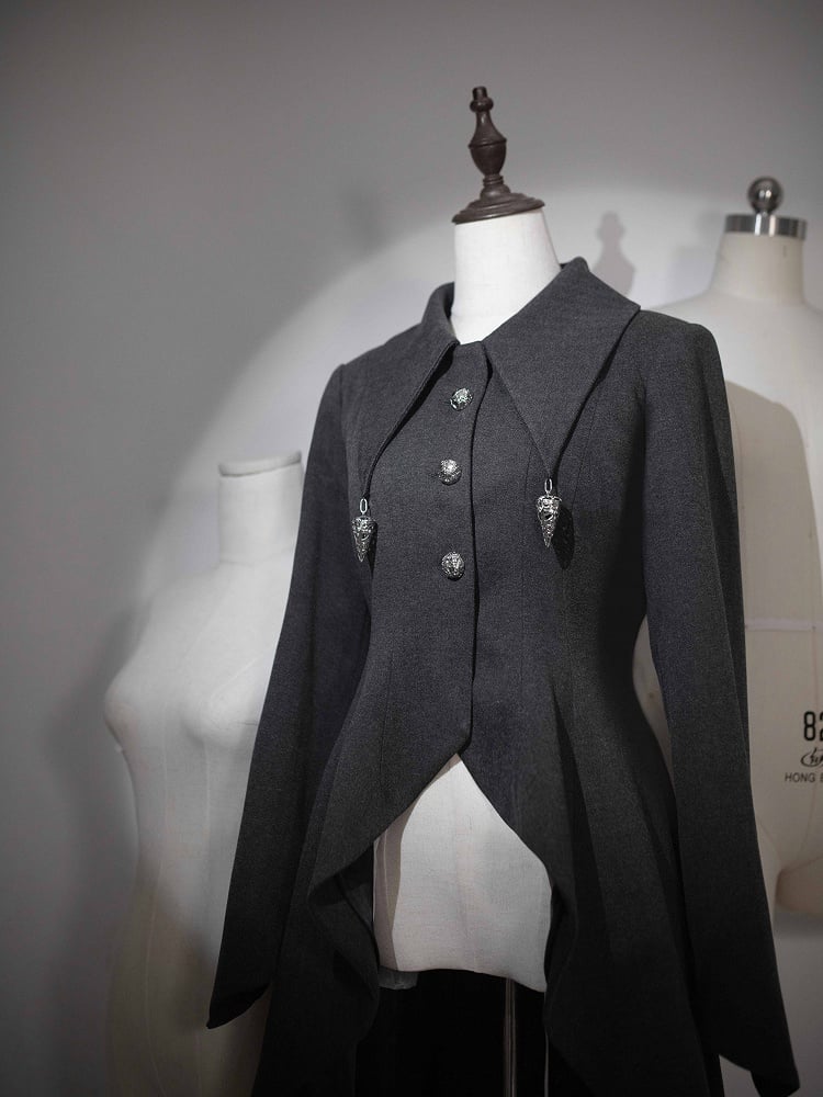 Dunkelgrauer Gothic Lolita Mantel mit flachem Kragen und hohem, niedrigem Saum