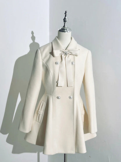 Apricot Coat Jirai Kei Big Bow Breasted with Double Detachable Fluffy Collar and Cuffs Rhinestone