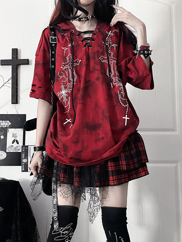 Hood Sleeve Tie-Dye Cross Hoodiewith Gothic PrintDevil Short Horn RedBlack