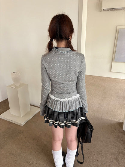 with Dots Ruffle Gray Polka Long T-Shirt Sleeve Neck Trim Lace