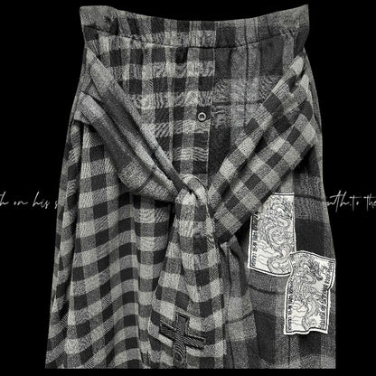 Faux Punk Plaid Rock Dunkelgrau Kreuz und Drachen Applikationen Wasteland Zweiteiler