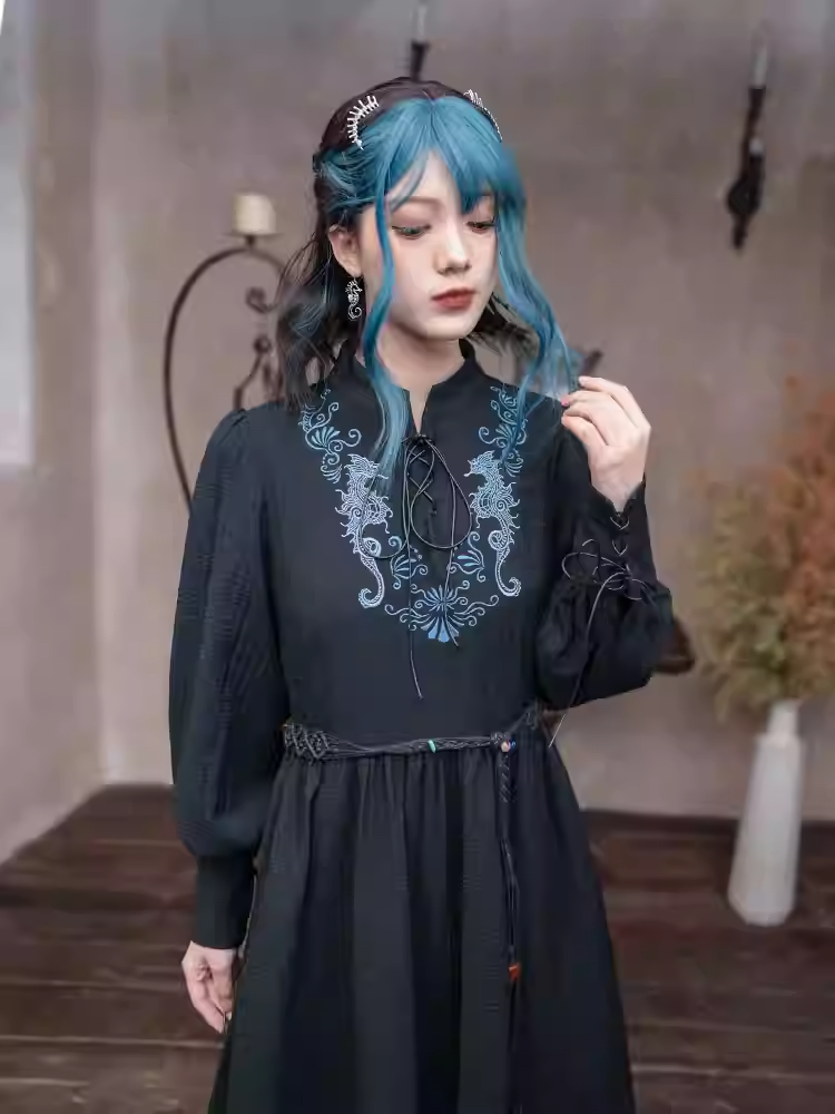 Seahorse with Style Embroidery Black Cheongsam Dress Hem Detail at Lace-up Tassel Front Blue