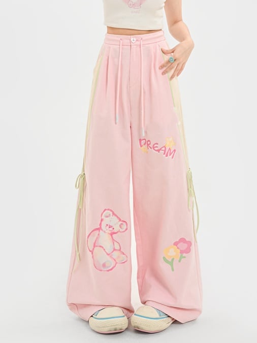 Entzückende Bärendruck Rosa Version Weites Bein Freizeithose Lang/Kurz