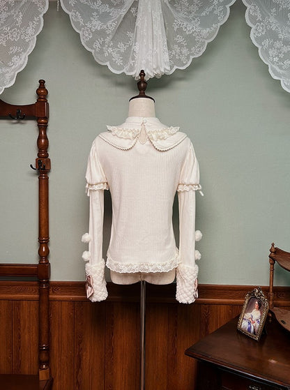 with Top Beige Sleeves Bows Knitted Long Pom-poms and