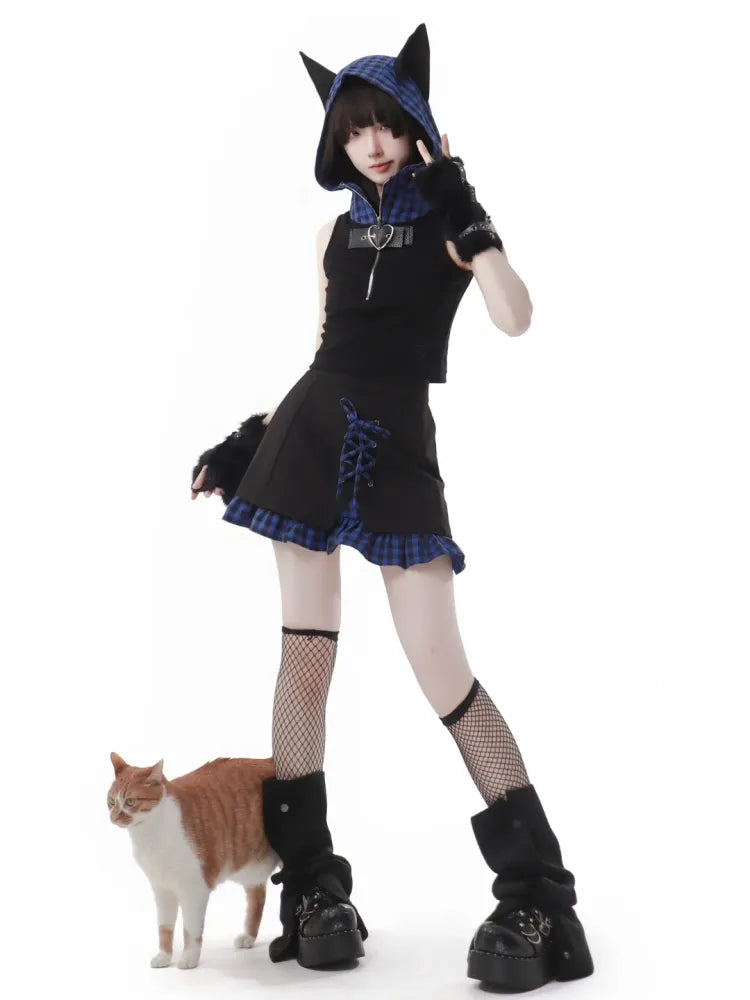 Muster Kapuze Blau Ohren Top Dunkel Schwarz Plaid Ärmellos