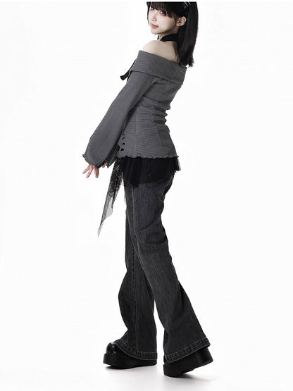 Detail Faded Wash Distressed Graue Schlagjeans mit Herzschnalle