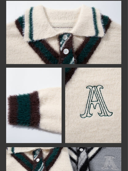 グレー/ホワイトのポロカラー プレッピースタイル セーター（ニットタイ付き）