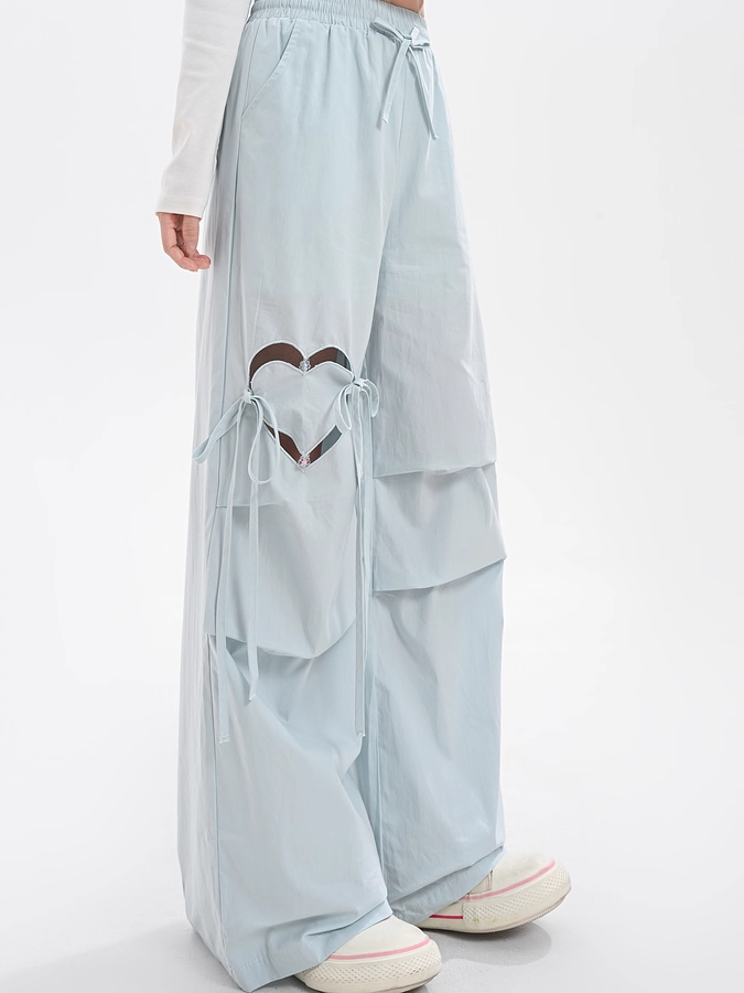Blue/Pink Heart-shaped Cutout Wide-leg Pants Drawstring Waist