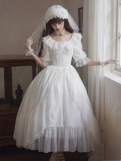Baskenkleid mit Stäbchen, elastisch, weiß, klassische Taille, ganzer Lolita-Ausschnitt