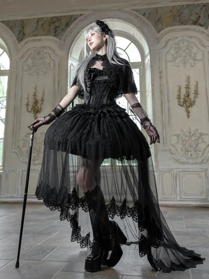 Black Lolita Dress Set with Basque Waist and Lace-Up - Airfreeing