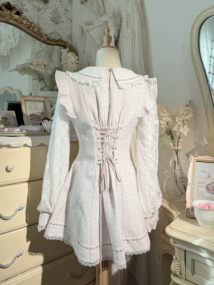 Tweed Set Long-Sleeve Pink Dress Kei Jirai Matching + Lace Fresh Shorts