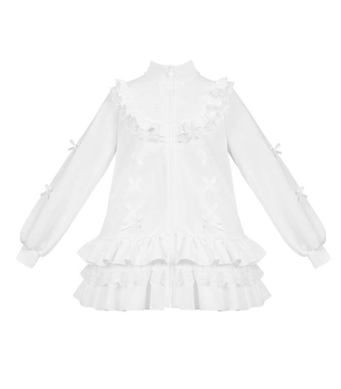 Weißes, hochgeschlossenes Goth-Kleid im Jirai-Kreuz-Stil mit Stickerei und Kei-Motiv