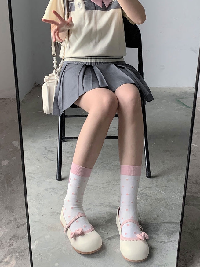 Shoes Bow Buckle Circle Lolita Beige Flat Pink with Toe Round Detachable Sweet