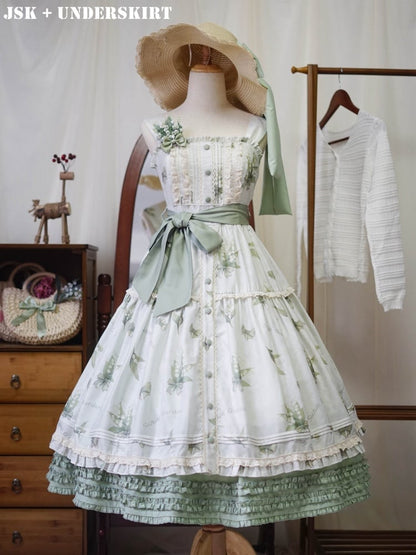 Lily of the Valley Print Light Green Summer Floral Dress Natural Kei Lolita Jumper Skirt