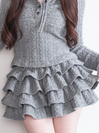 Jirai Skirt Knit Ruffle Multi-Layered Gray Kei