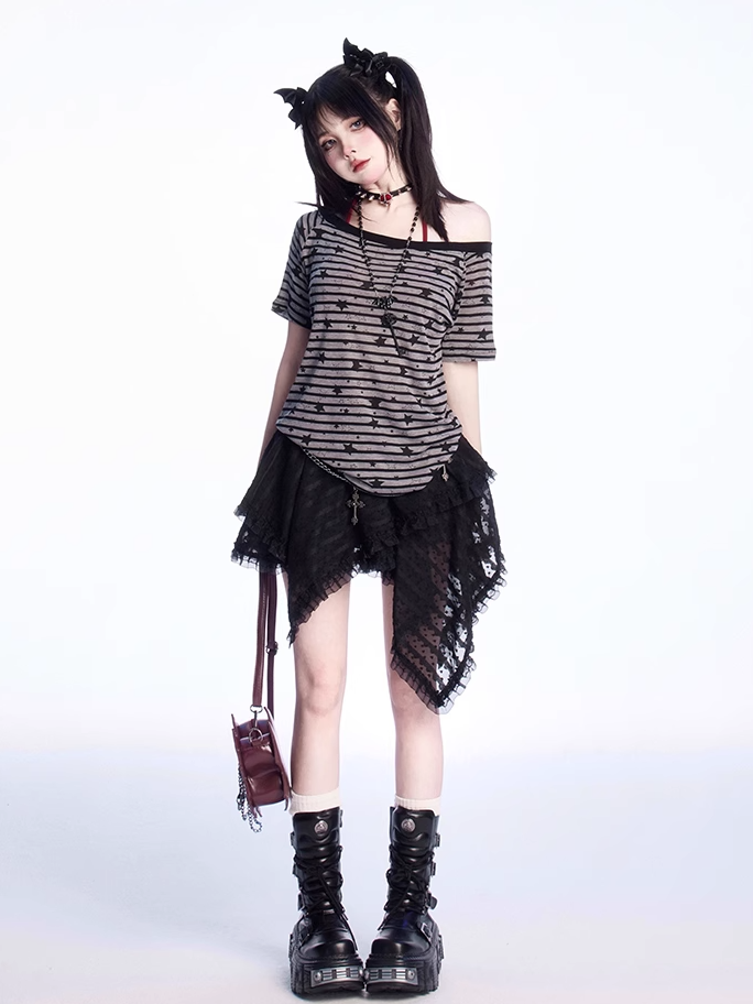Print Gestreiftes T-Shirt Grau Asymmetrischer Ausschnitt Allover Star