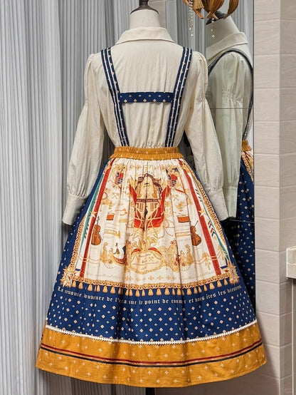 Dark Blue Musical Print Overall Dress with Detachable Straps - Crucis Universal Tailor Company
