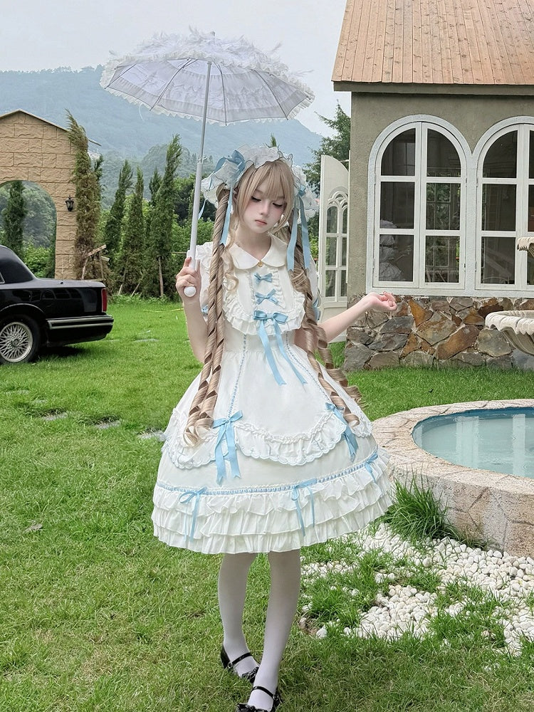 Short Sleeve Sweet Lolita OP with Bow Accent & Ruffle Details in Blue & White - MUYU