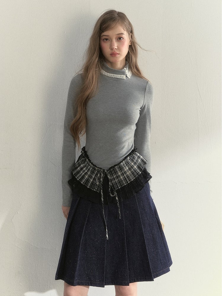 Ruffled and with Asymmetrical Design Long Gray T-Shirt Vintage Sleeve Collar