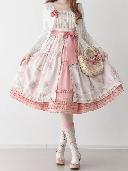 Pink Rosette Print Natural Kei Summer Floral Dress Front Button Placket Hem Lolita Jumper Skirt