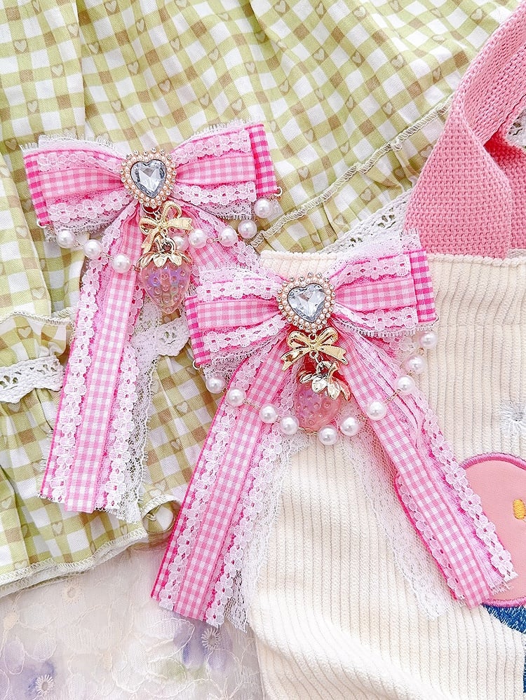 Color Decorated Rhinestone Hairclips 4 Charm Options Beaded Pattern Strawberry Heart Plaid And