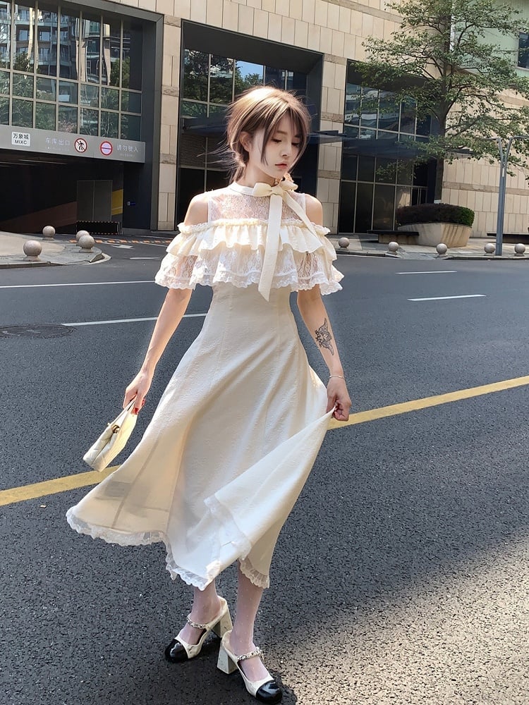 Jirai Beige Innocent Long Style Clean with Dress Flounce Off-Shoulder Kei Tiered