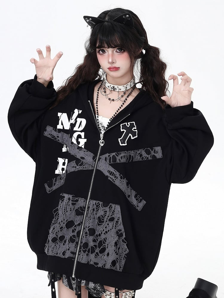 Kitten-Themed Hoodie Patches Jacket Bittersweet - Cross