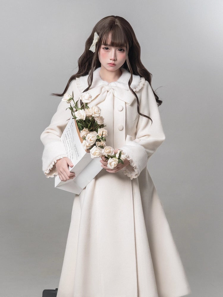 Jirai Wool with Removable Coat Waist Bowknot Kei White Pure-Style Decor