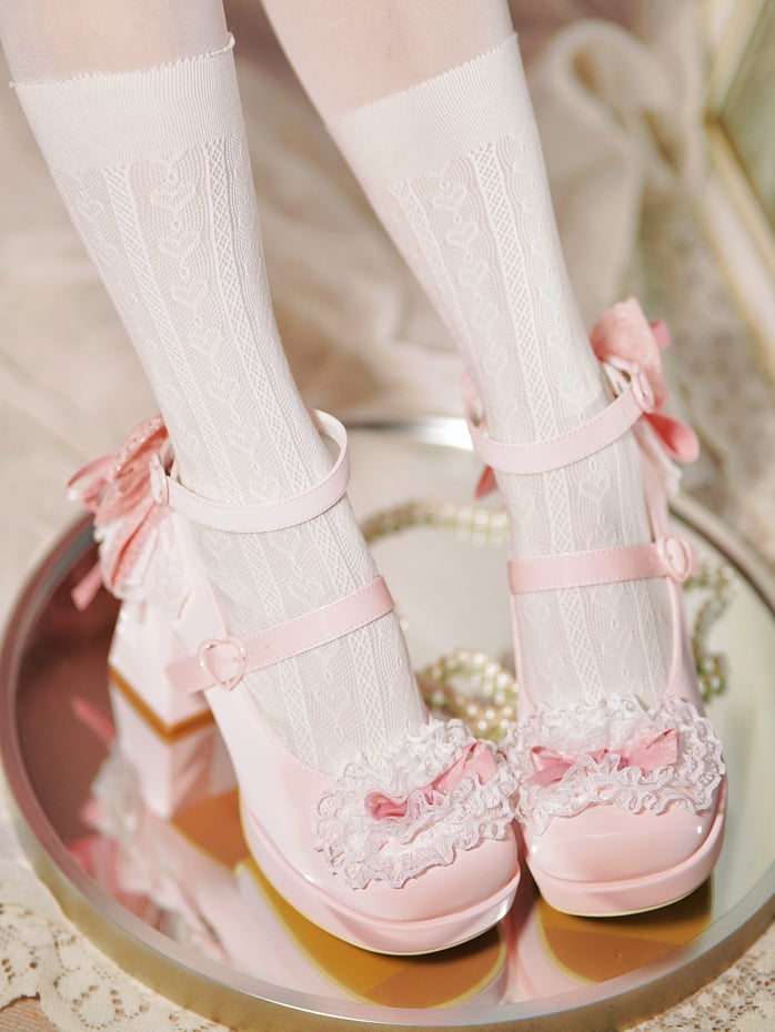 Rosa High Trim Lace Heels Herz Top Schleife an Block Schnallen geknotet