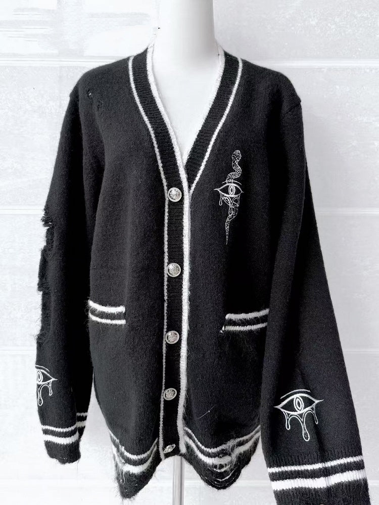 Augen- und Schlangenstickerei-Strickjacke Guro Distressed Holes Kawaii Schwarz mit