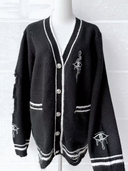 Augen- und Schlangenstickerei-Strickjacke Guro Distressed Holes Kawaii Schwarz mit