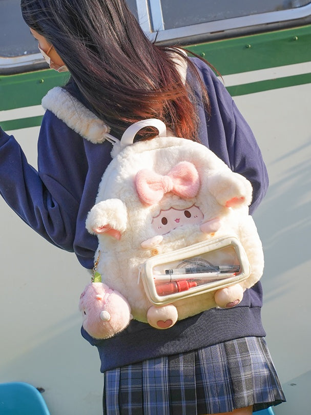 White Lamb-shaped Bowknot Heart Plush Backpack With A Detachable Pencil Case