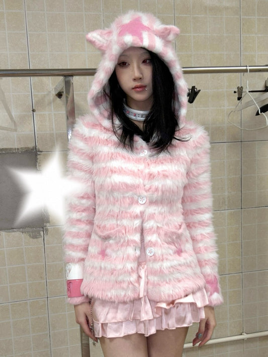 Jacket Striped Ear Hooded Star with White Cat Pink Accents Front Button-Up