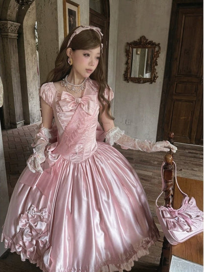 Soft Pink Lolita OP Dress with Satin, Lace and Butterfly Bowknot Details - Snow Lolita