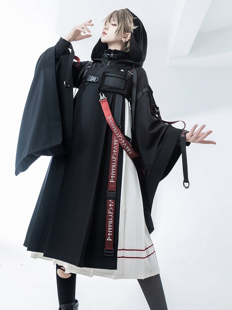 未来的なドレスバックルディテールのホワイトブラックテックウェアJSKプリーツ