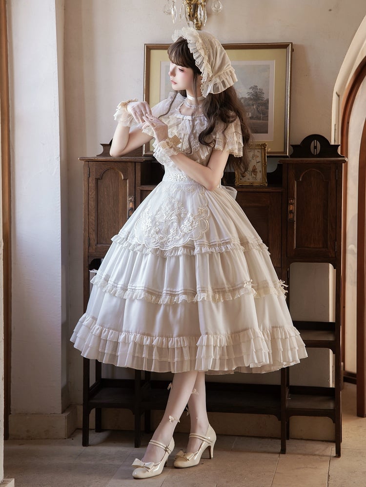 Beige Dots Tulle Flutter Sleeve Lolita Dress - Green Castle
