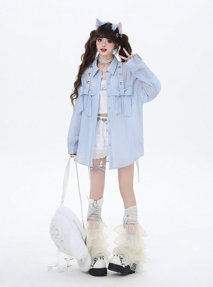 ライトブルー/ライトピンクのビッグリボンセミシアーシャツ